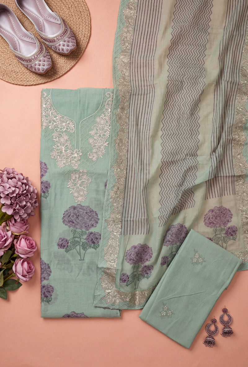 Foil work Yoke Block Print Unstitched Suit Set
