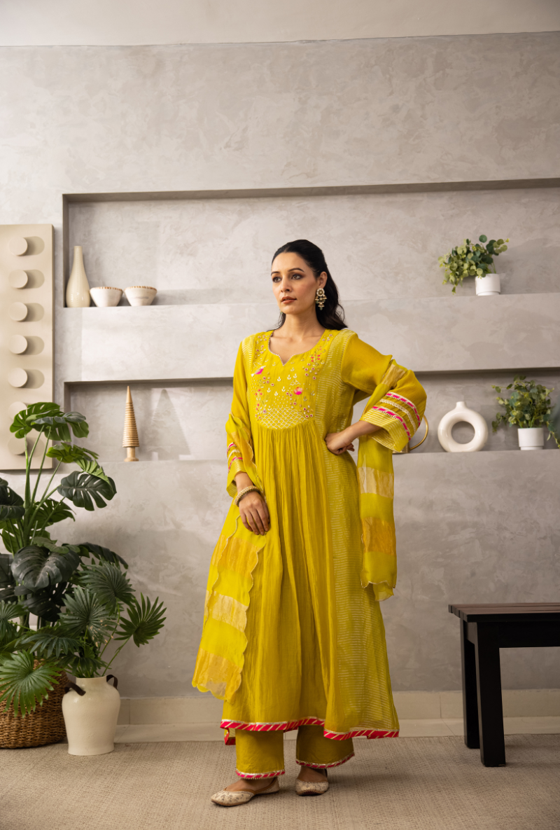Lemon Yellow Pearl Gota Front Pleat Laado Kurta Set