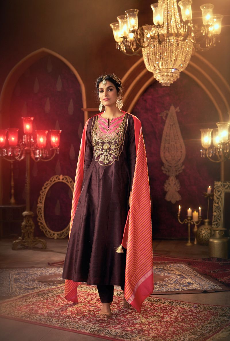 Wine Dabka and Resham Yoke Kainaat 2.0 Anarkali Set