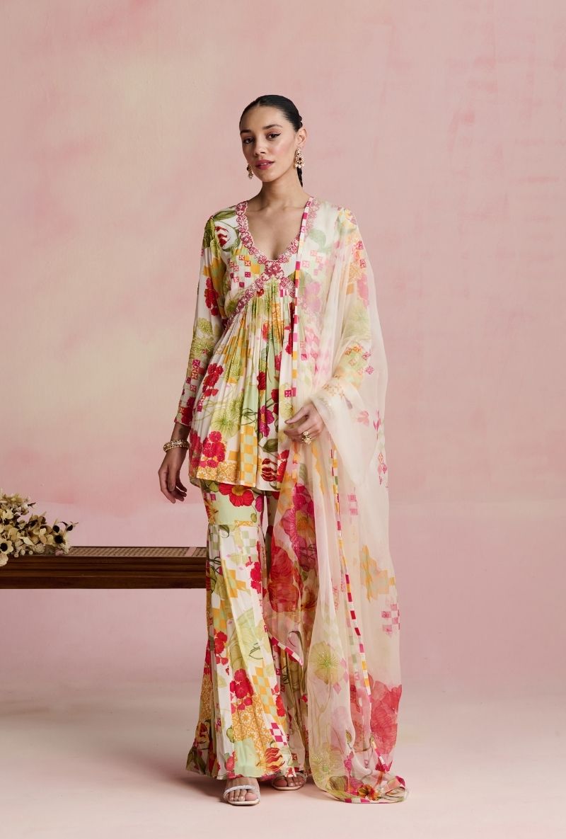 Multi Color Empire Line Short Kurta Amara Gharara Set