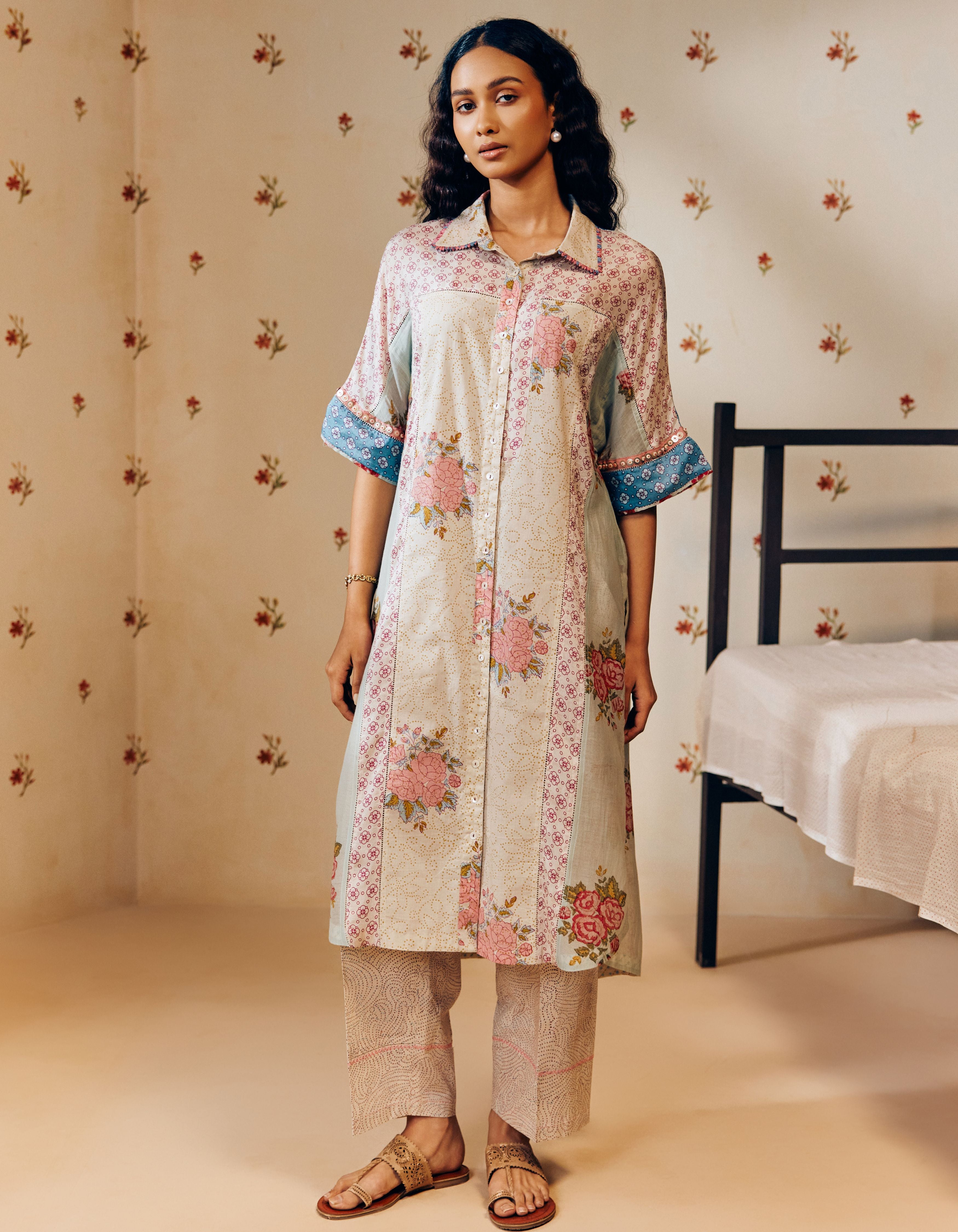 Multi Colour Pink Front Button Placket Floral Hand Block Printed Multi Panel Mia Kurta Set