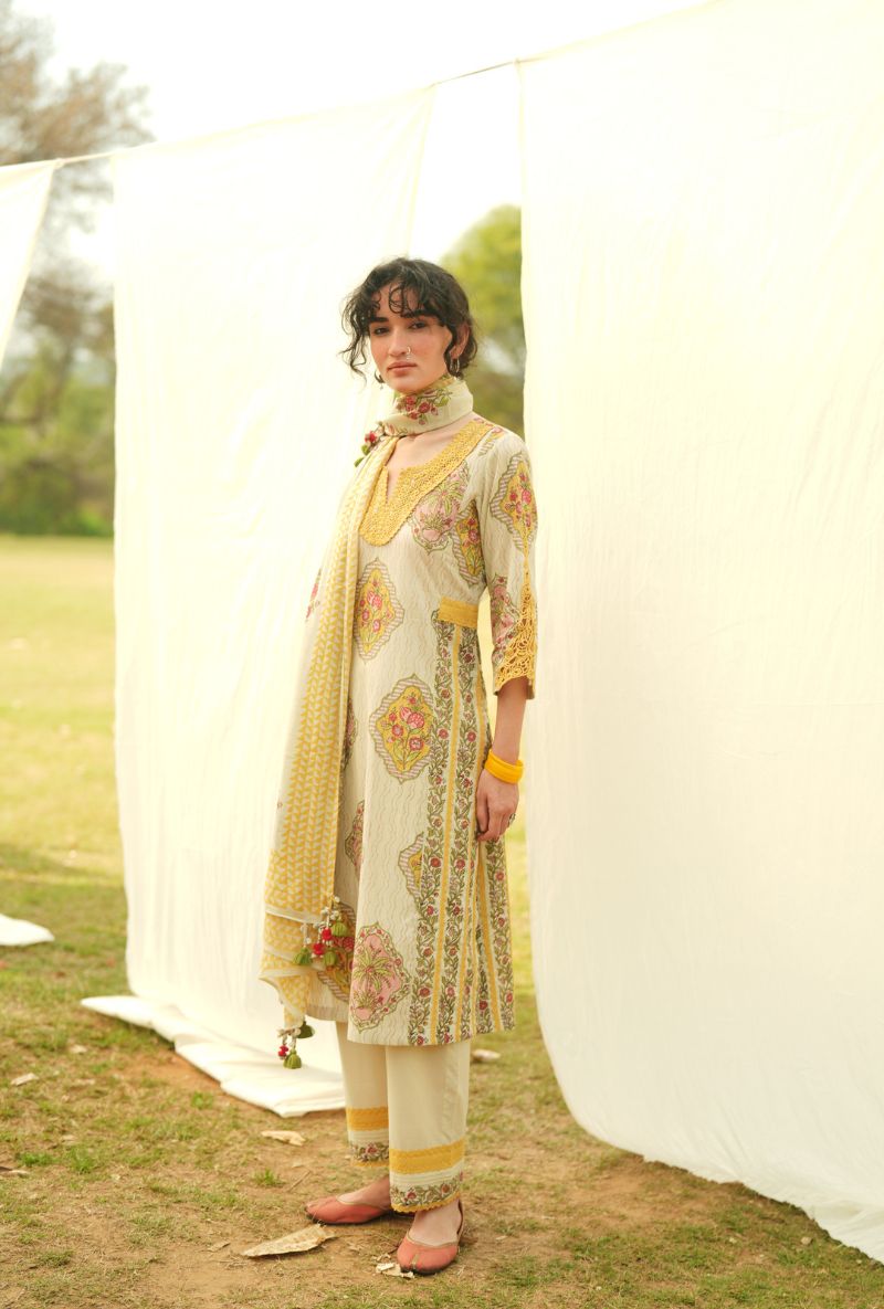 Yellow Handblock Print Straight Gulmohar Kurta Set