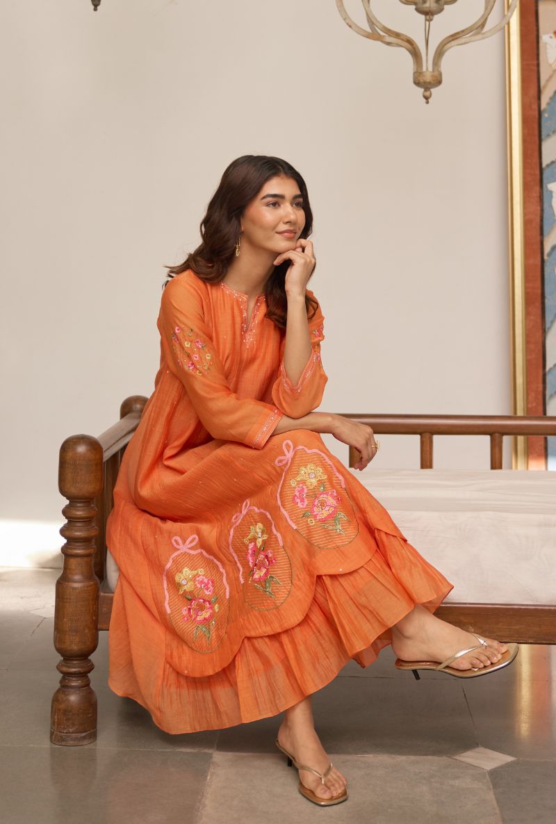 Orange Floral Embroidered with Applique Vaidehi Dress