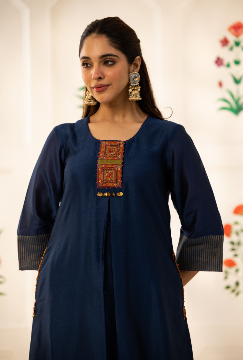 Blue Double Box Pleat Kishmish Kurta Set