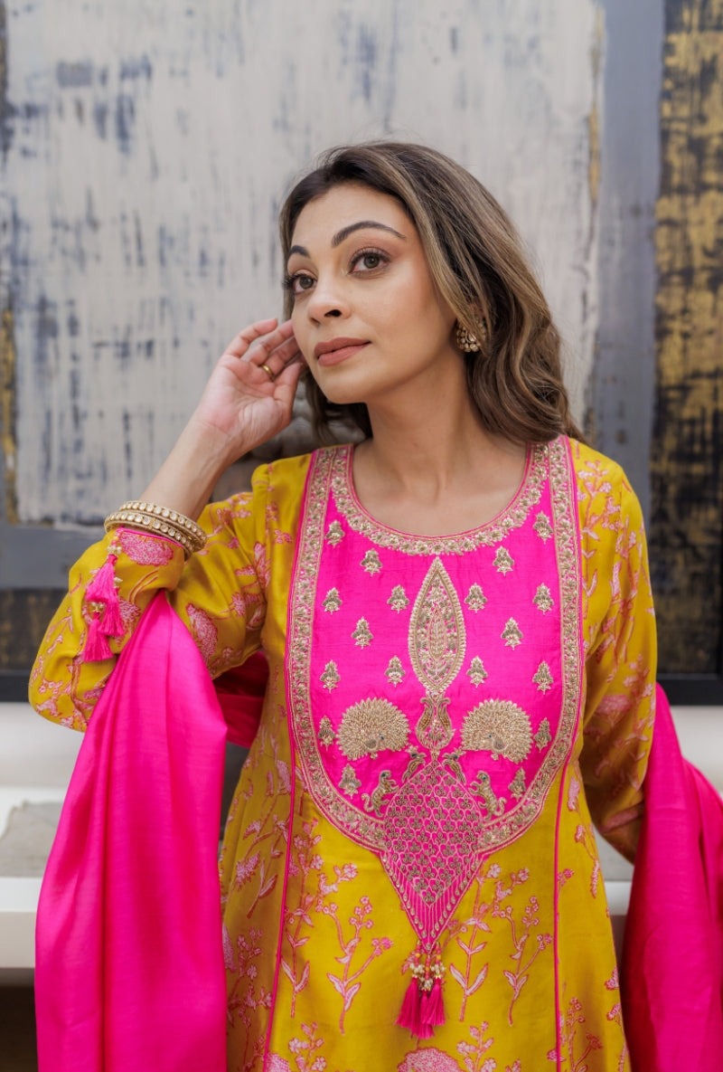 Meghna Nayyar in Mustard Heavy Yoke Block Print Kurta Set
