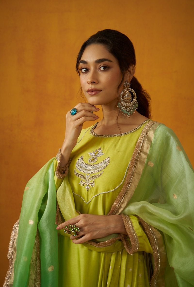 Green Kalidaar Embroidery Banarasi Kainaat Anarakali Set