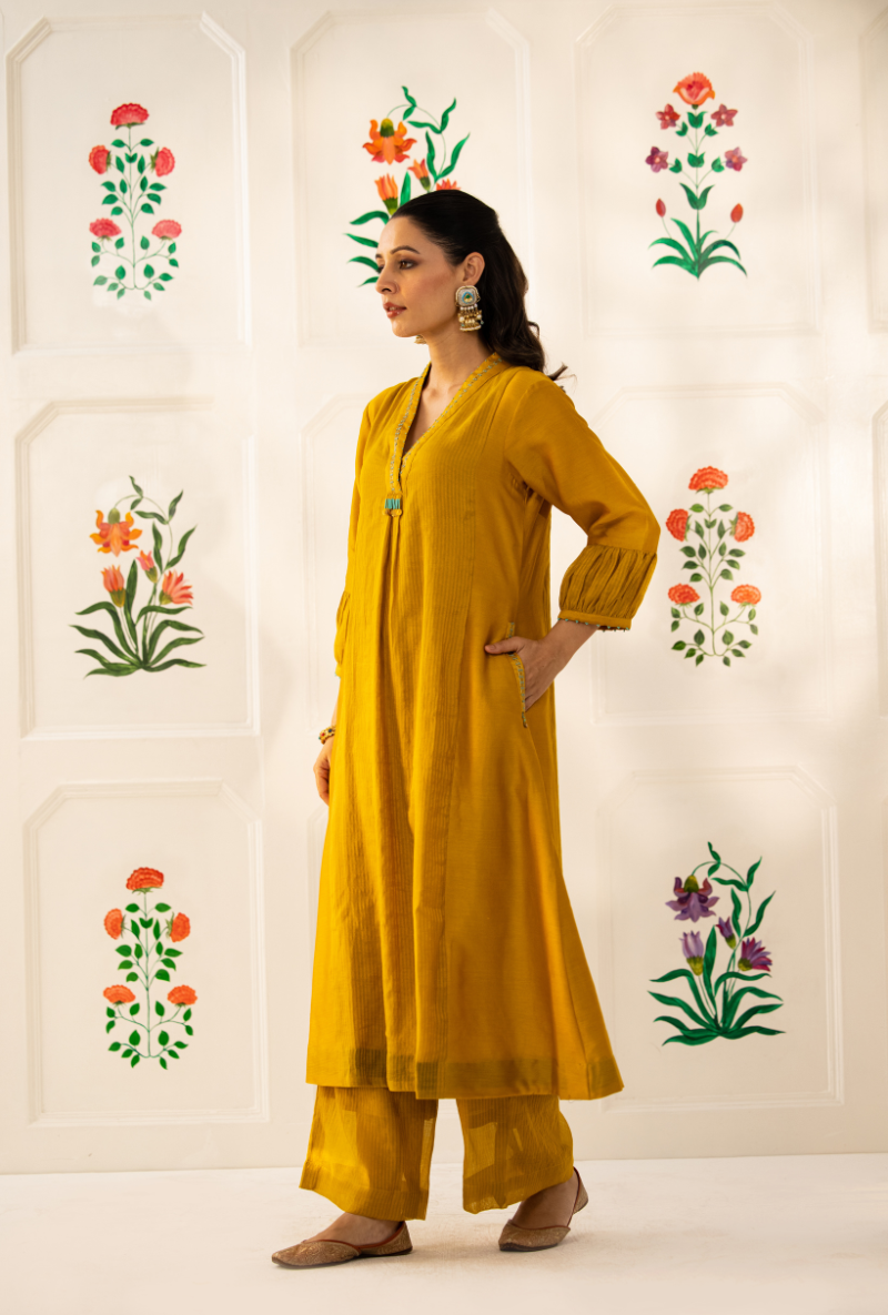 Yellow High Collar Kishmish Kurta Set