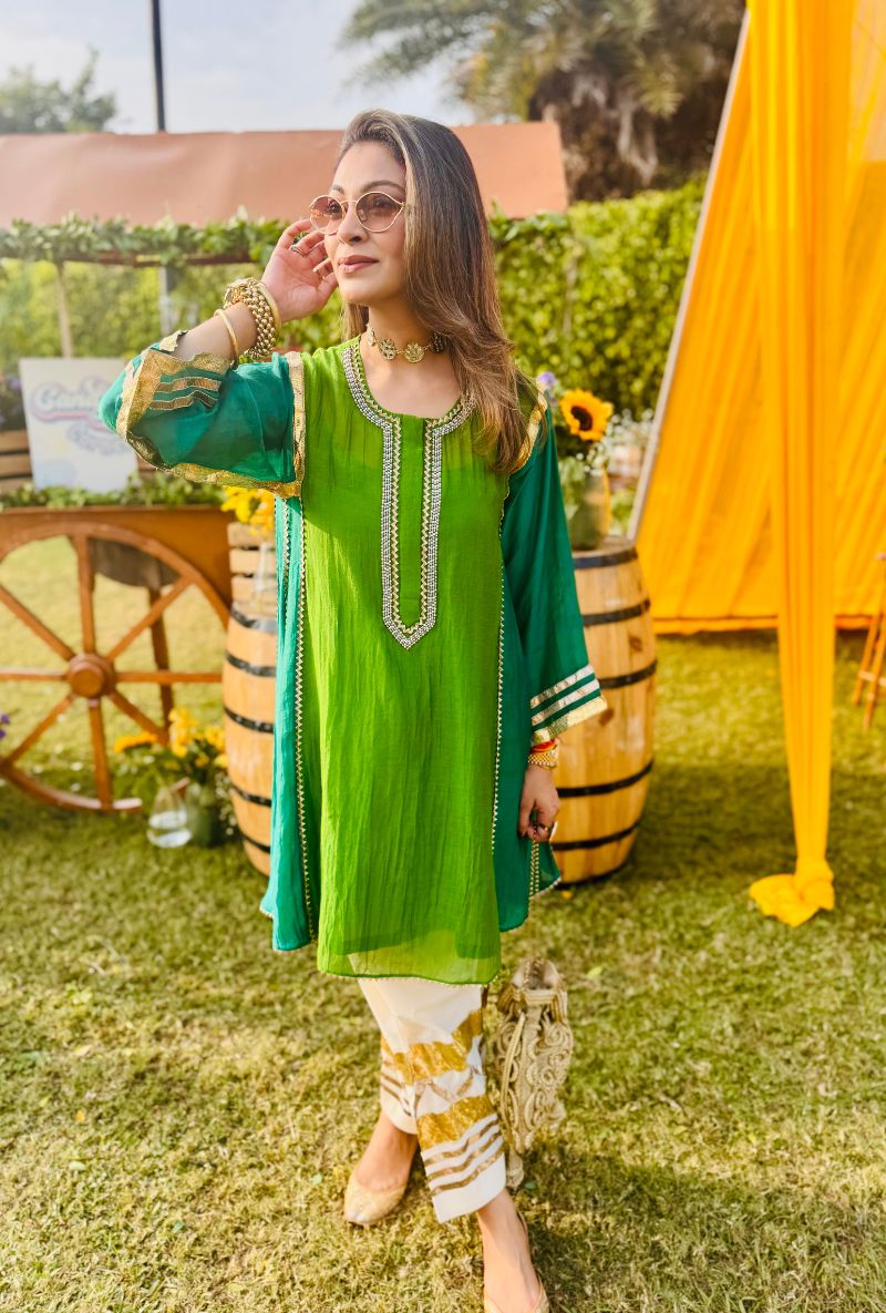 Meghna Nayyar in Green Choga Style Salwar Set