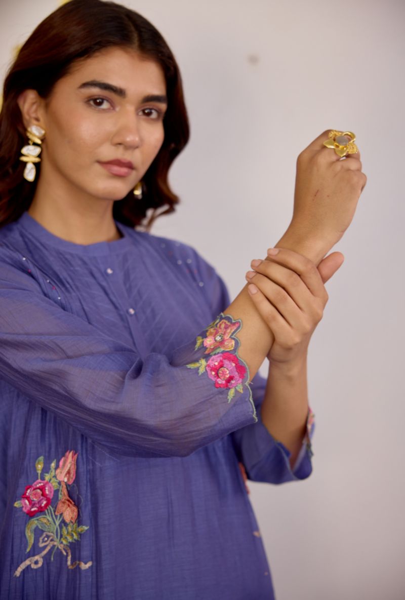 Blue Floral Embroidered &amp; Applique Vaidehi Kurta Set