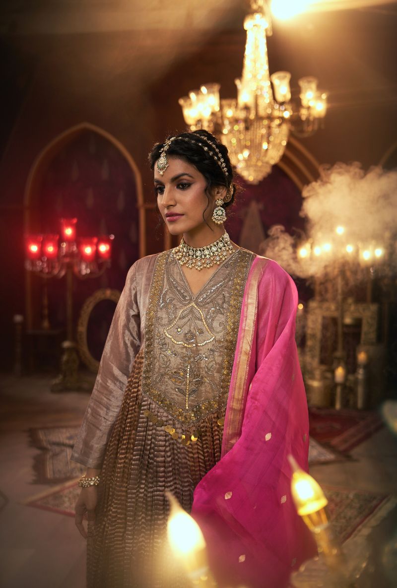Metallic Pink Crushed Long Yoke Kainaat 2.0 Anarkali Set