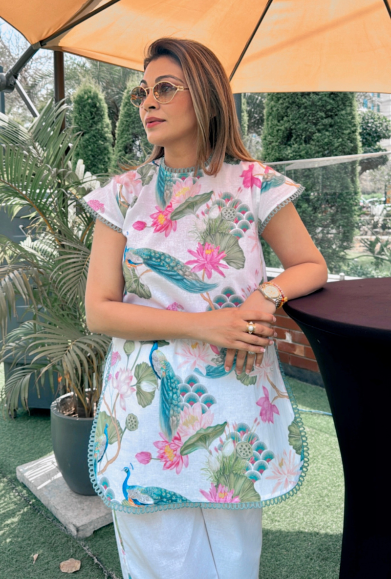 Meghna Nayyar in Peacock Print Cap Sleeve Savannah Co-Ord Set