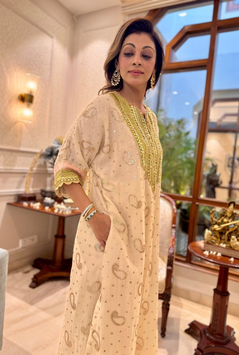 Meghna Nayyar in Ivory Mukaish Kimono Kurta  Set