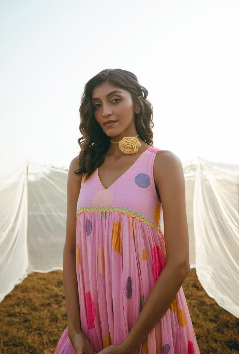 Pink Polka Sleeves Flared Barfi Dress