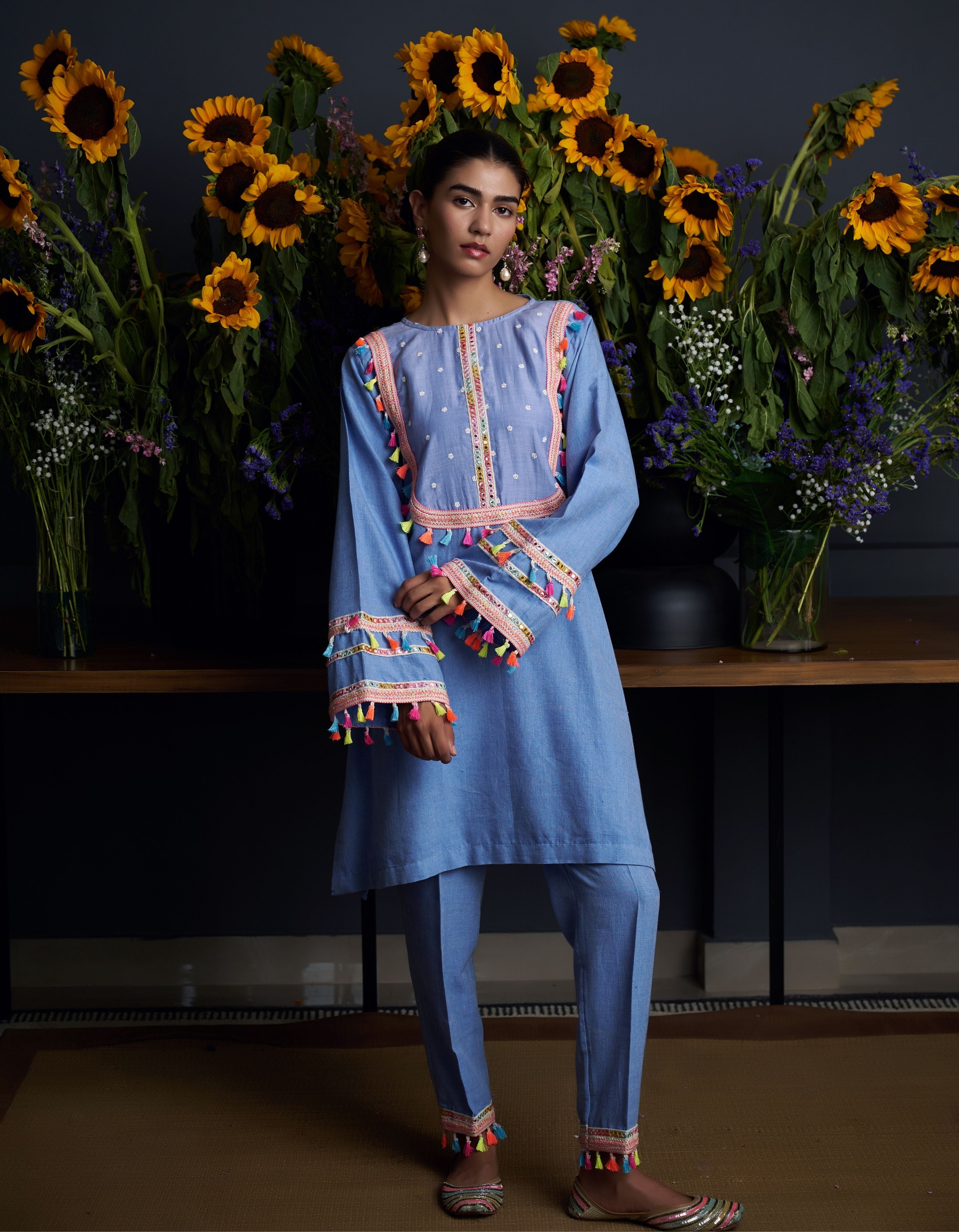 Periwinkle Blue Multi Colour Tassels Vrishti Nadia Kurta Set