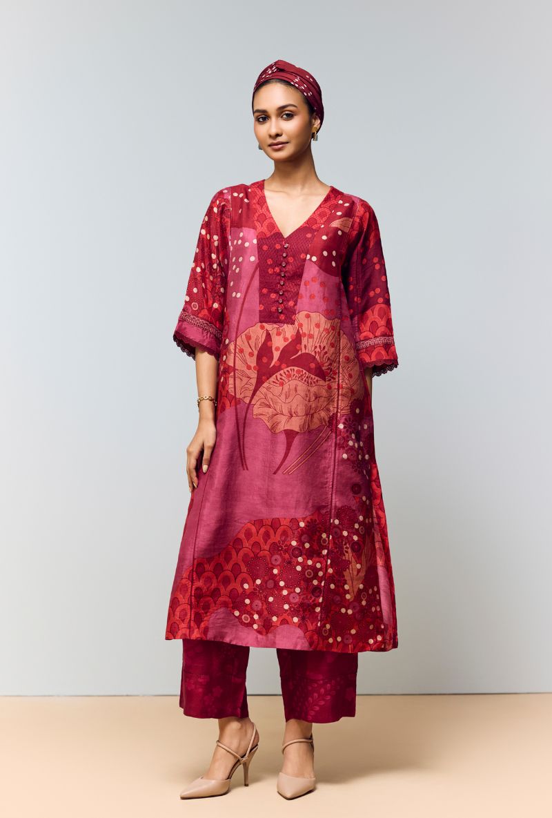 Deep Red Hand Printed  Quilted Neckline  Eden Co-Ord Set