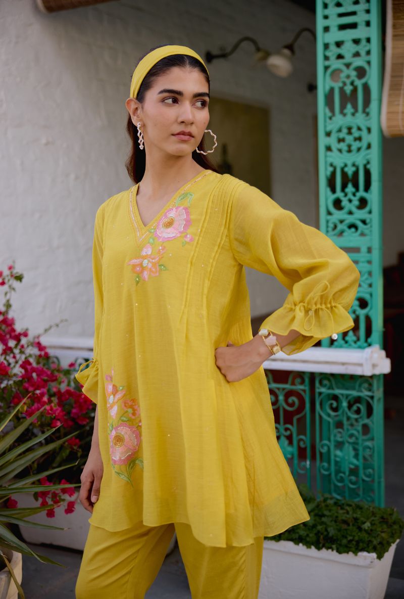 Mustard Floral Embroidered With Pintucks Vaidehi Co-ord Set