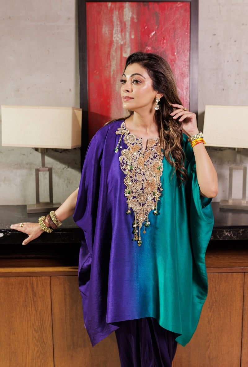 Meghna Nayyar in Purple &amp; Green Ombre Heavy Yoke Drape Dhoti Skirt Set