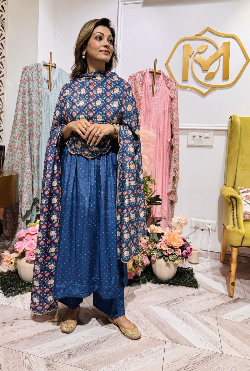 Meghna Nayyar in Blue Polka Dot Print A-Line Iris Kurta Set