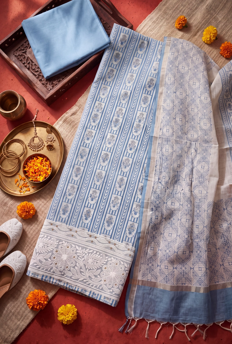 Stripes Floral Block Print All Over Unstitched Suit Set