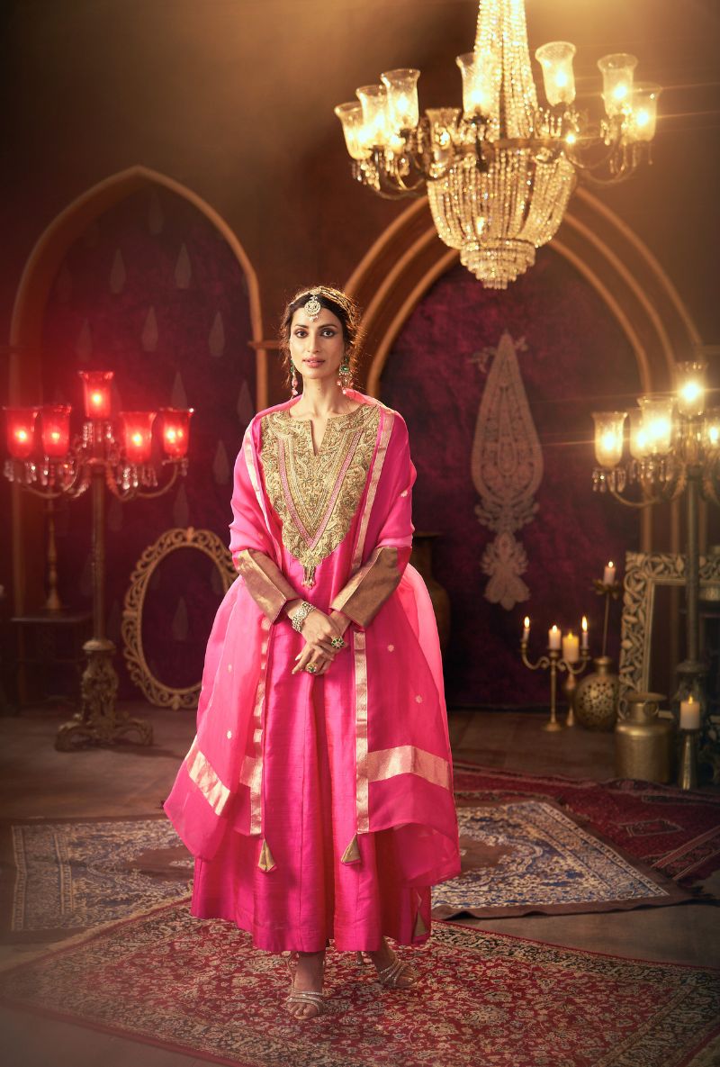 Hot Pink Heavy Embroidered Yoke Kainaat 2.0 Anarkali Set