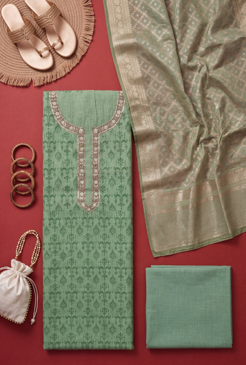 Zari and Moti Neck Block Print Unsitched Suit Set