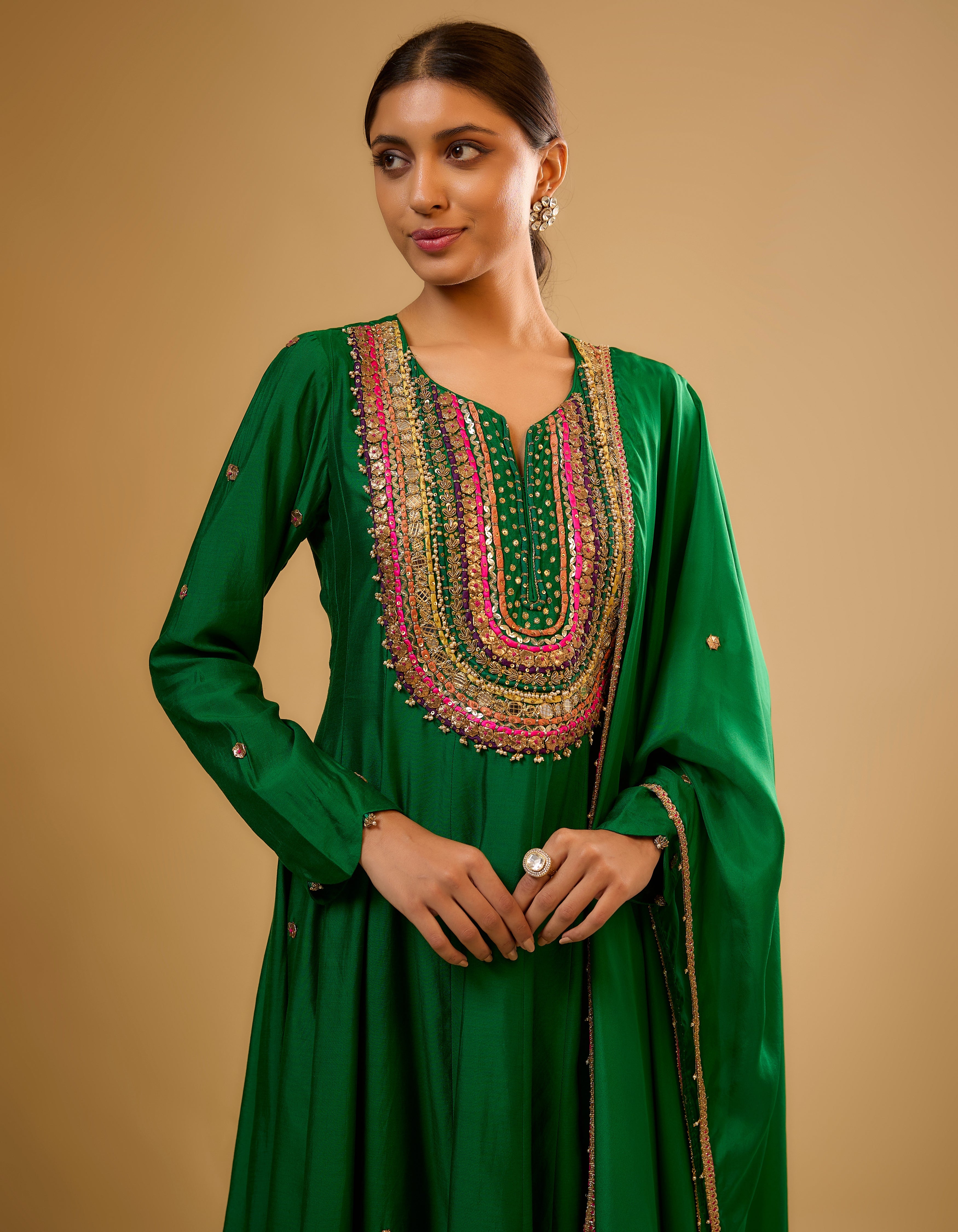 Green Multicolour Yoke Rani Anarkali Set