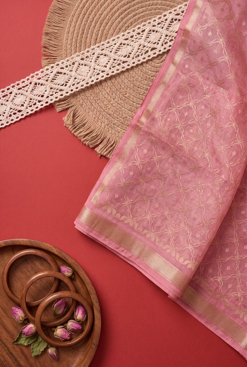 Zari and Moti Neck Block Print Unsitched Suit Set