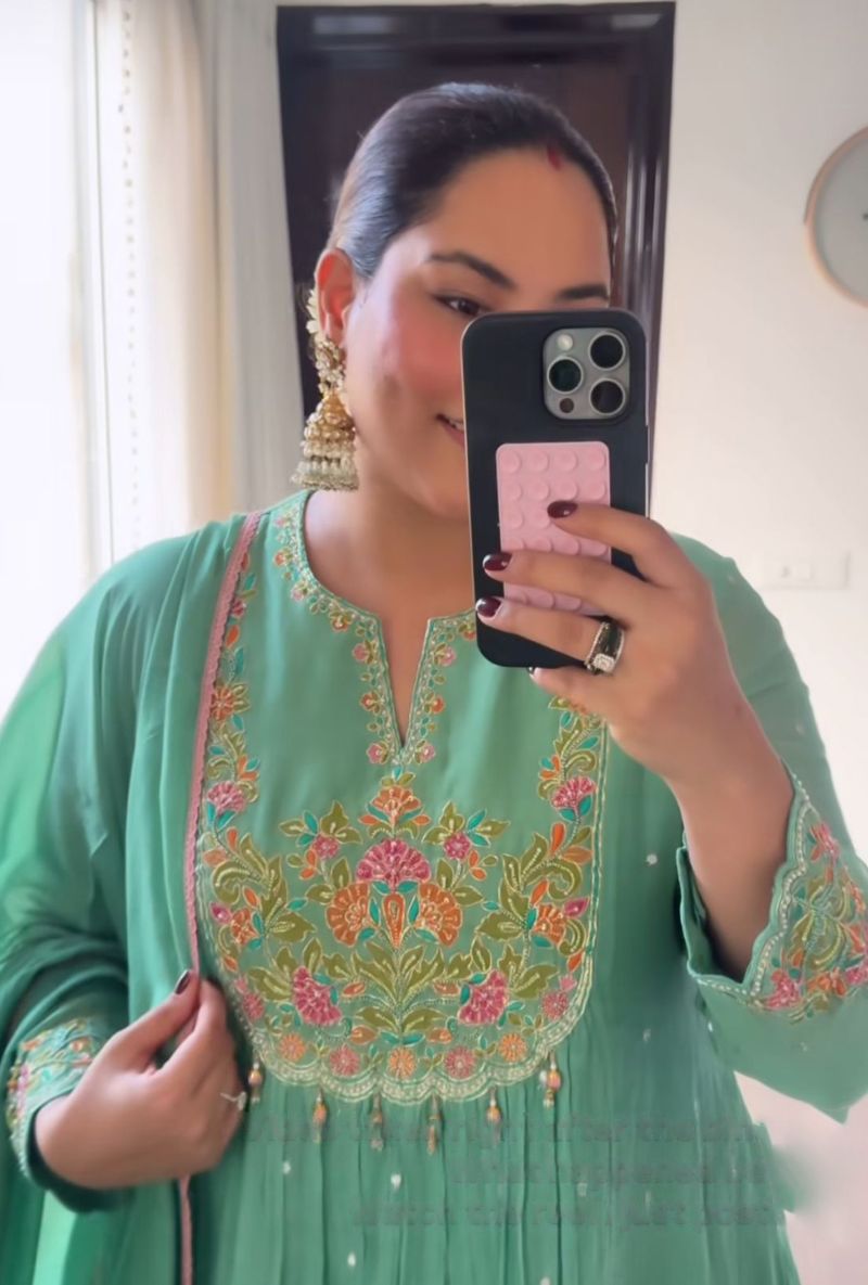 Sakshi Sindhwani in Aqua Resham Front Pleat Kurta Set
