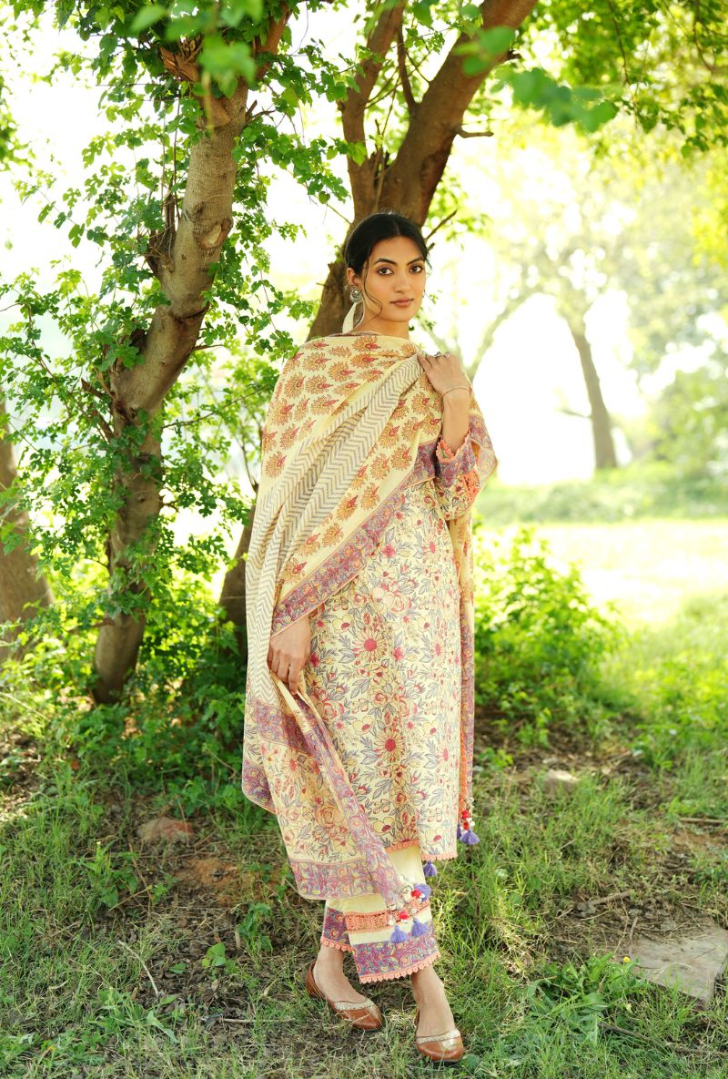 Light Yellow  V-Neck Handblock Straight Gulmohar Kurta Set