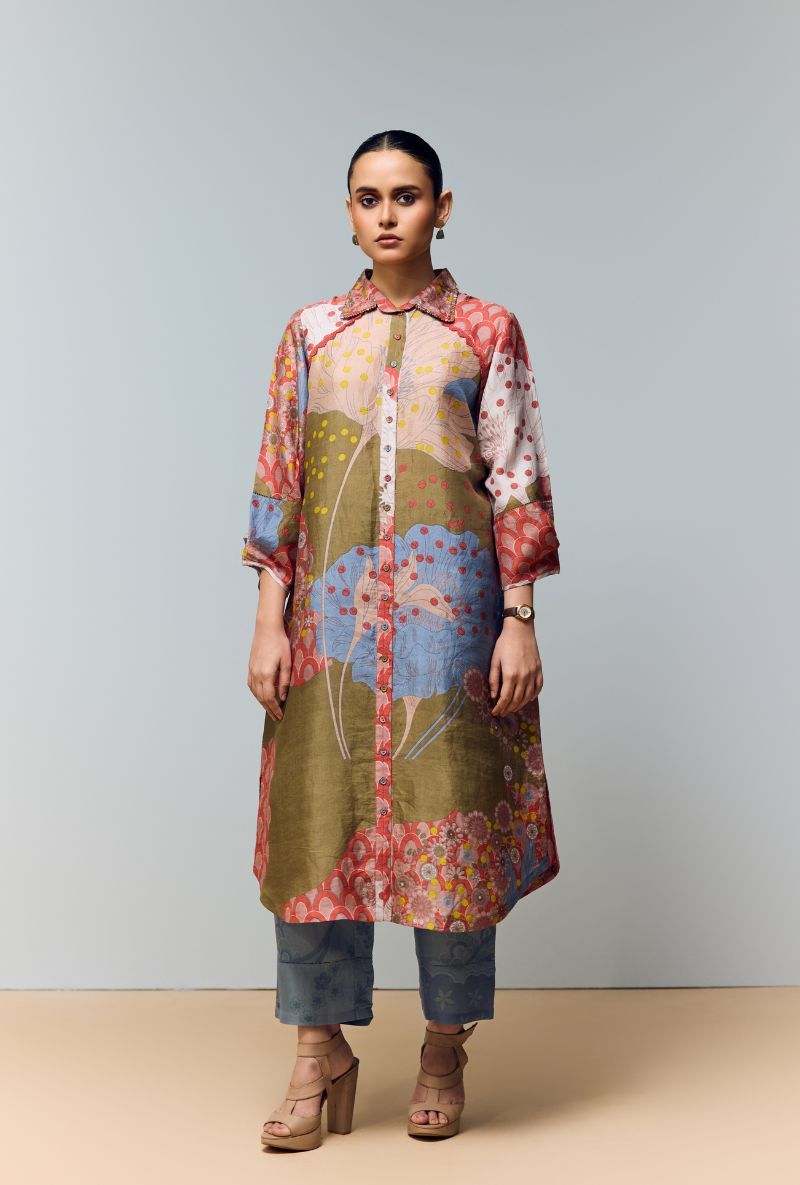 Ice Blue Hand Printed Shirt Collar Eden Co-Ord Set