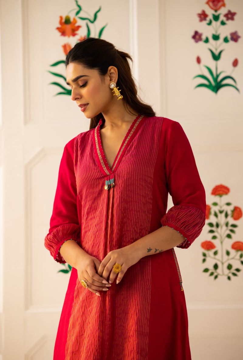 Pink High Collar Kishmish Kurta Set