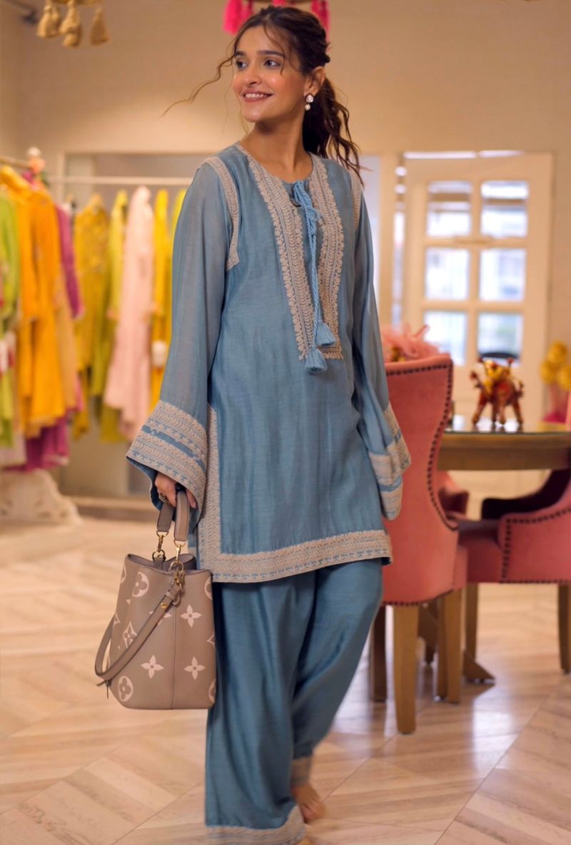 Varsha Rana in Powder Blue A-Line Naveli Farshi Kurta Set