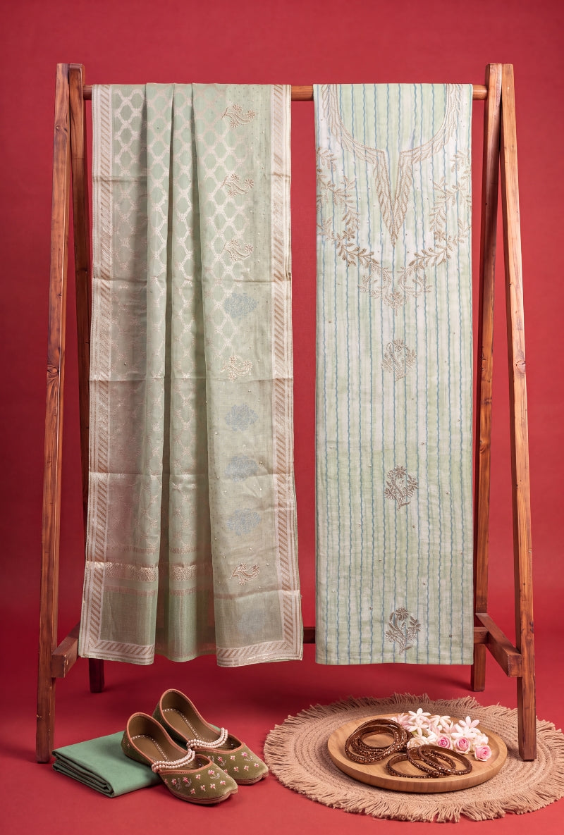 Gota Work Yoke Block Print Unstitched Suit Set