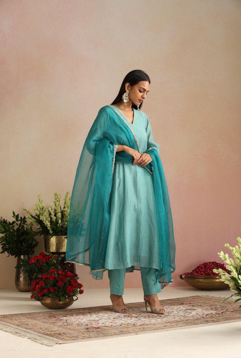 Ice Blue Zari And Dabka Work Itrh Kurta Set