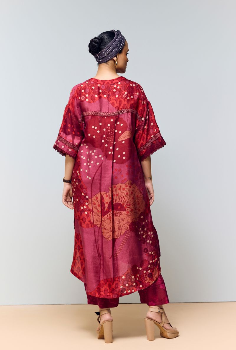 Deep Red Hand Printed Mandarin Collar Eden Co-Ord Set