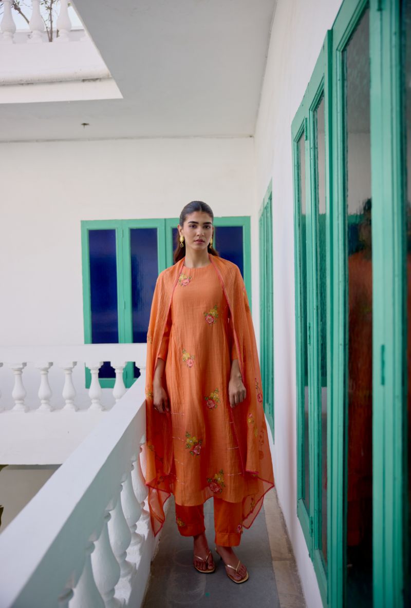Orange Floral Embroidered Side Gather Vaidehi Kurta Set
