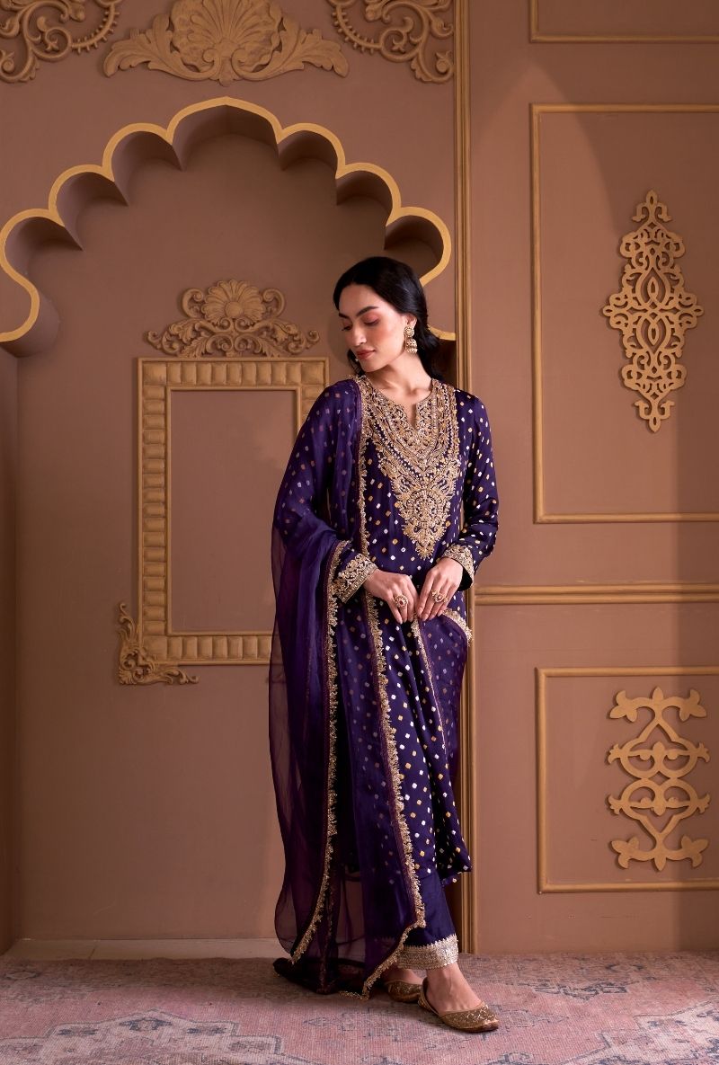 Purple Bandhej Rasia Kurta Set