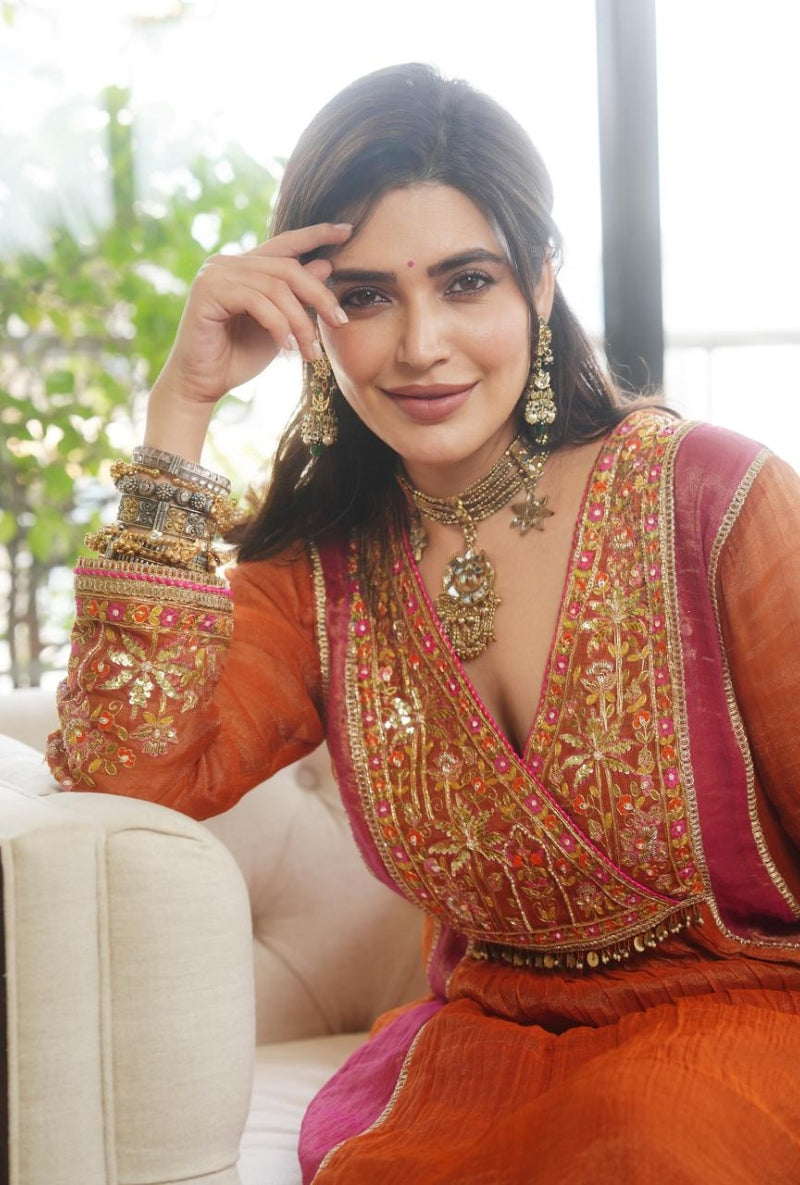 Karishma Tanna in Rust Embroidered Overlap Yoke Gulbano Anarkali Set