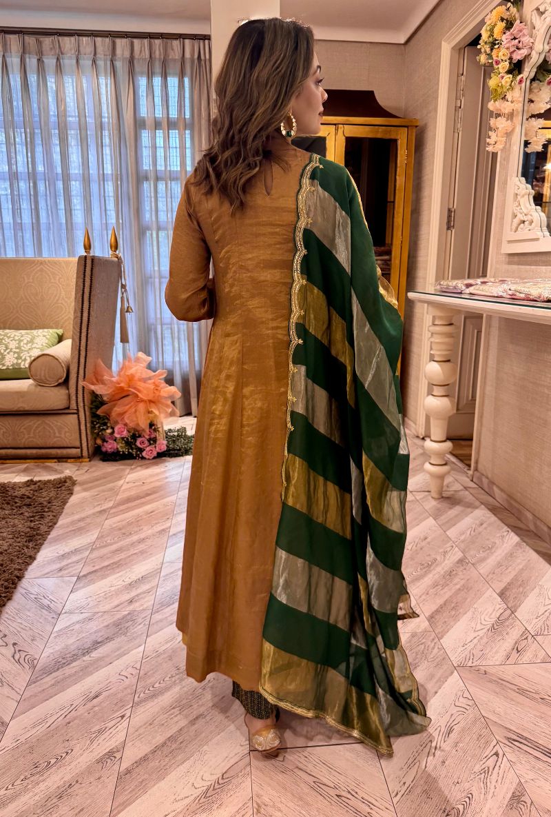 Meghna Nayyar in Gold Metallic Zardosi work Kainaat Anarkali Set