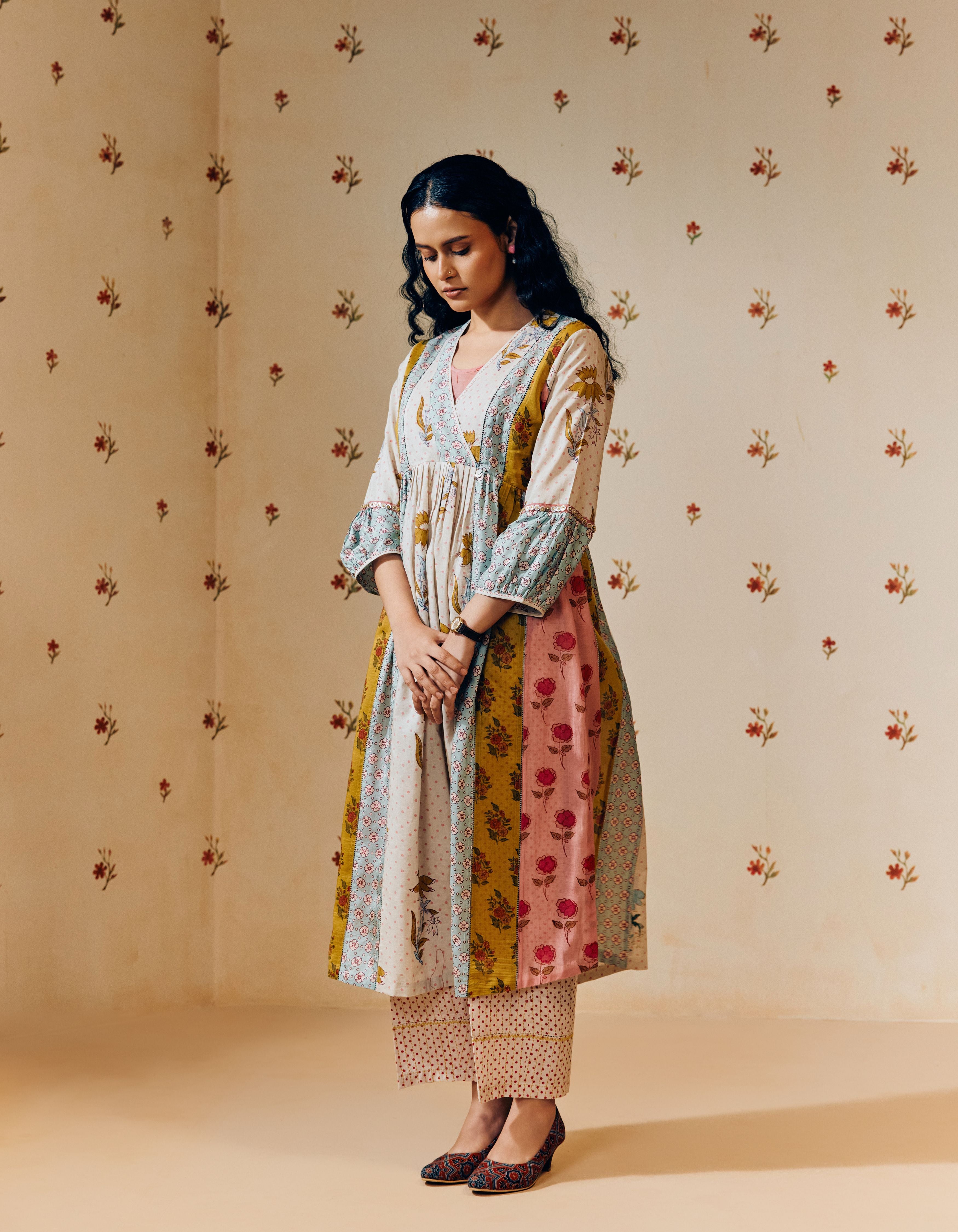 Multi Colour V- Neck Hand Block Printed Multi Panel Mia Kurta Set