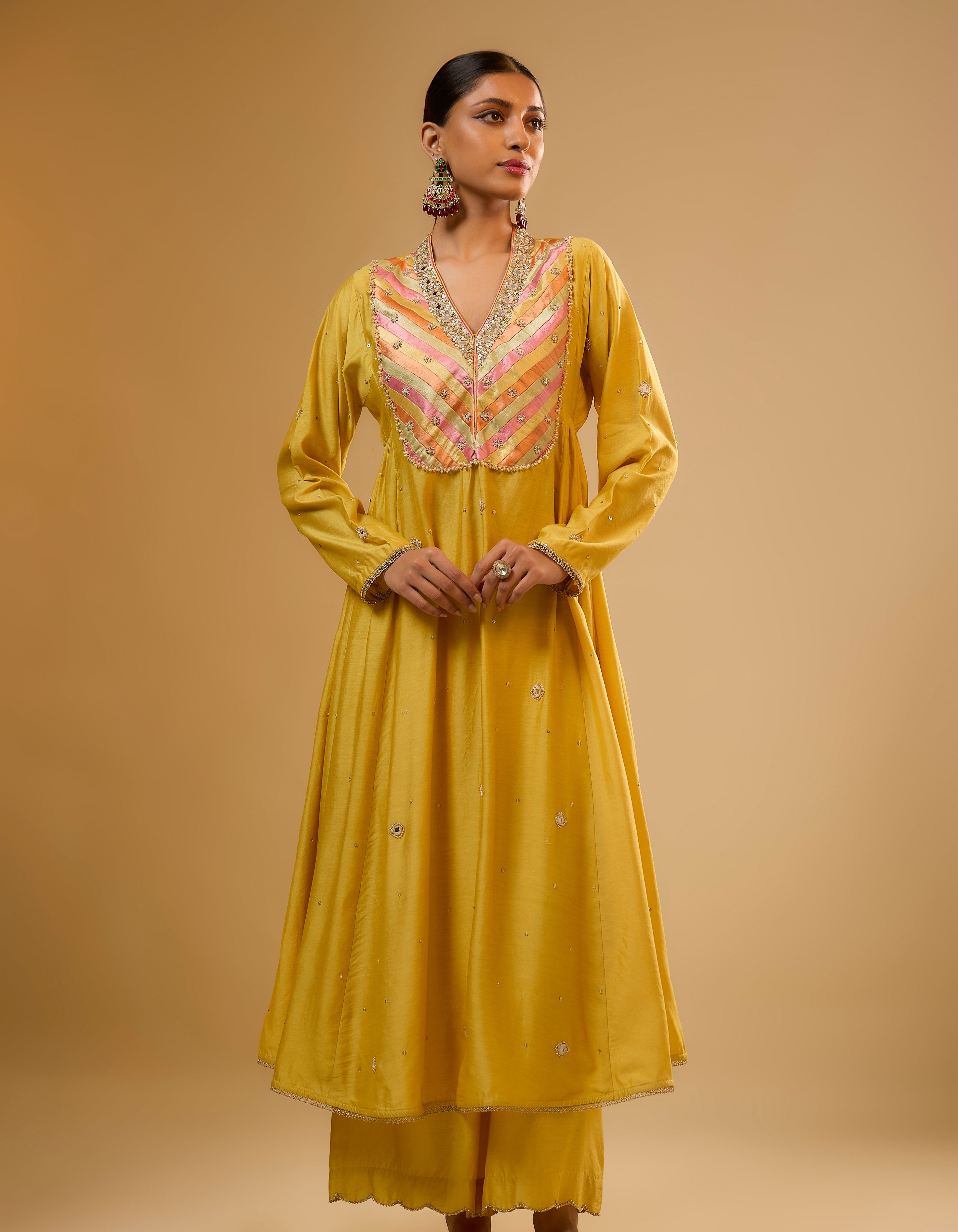 Yellow Stripe Yoke Rani Kurta Set