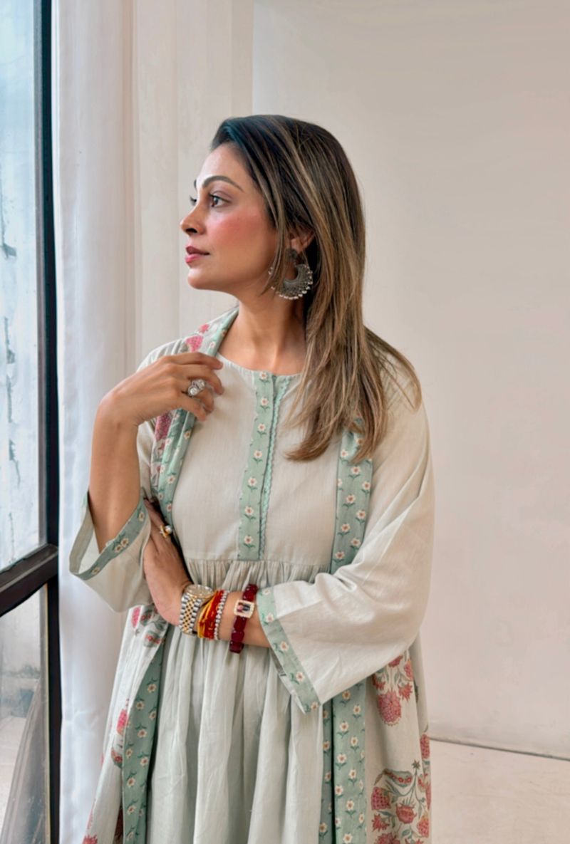 Meghna Nayyar in Green Overlay Jacket Co-ord Set