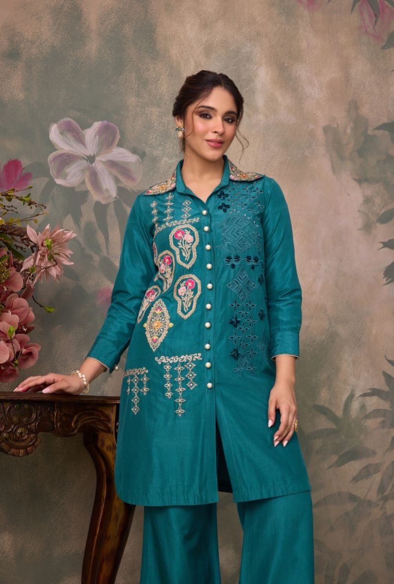 Teal Green Embroidered Side Panel Jalsa Co-Ord Set