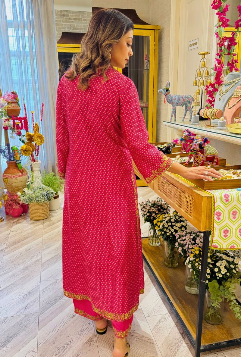 Meghna Nayyar in Pink Printed Pakhi Yoke Heavy Straight Kurta Set