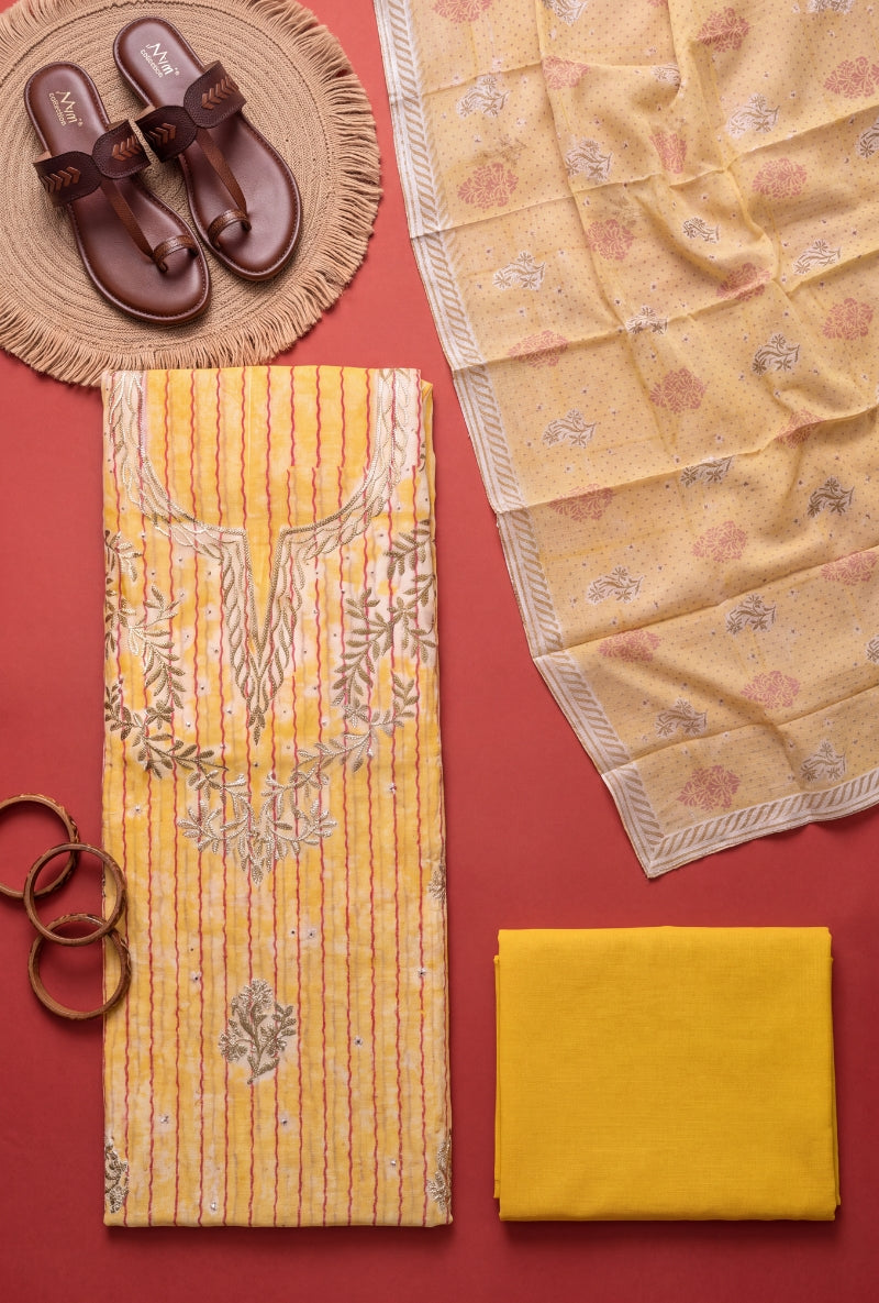 Gota Work Yoke Block Print Unstitched Suit Set