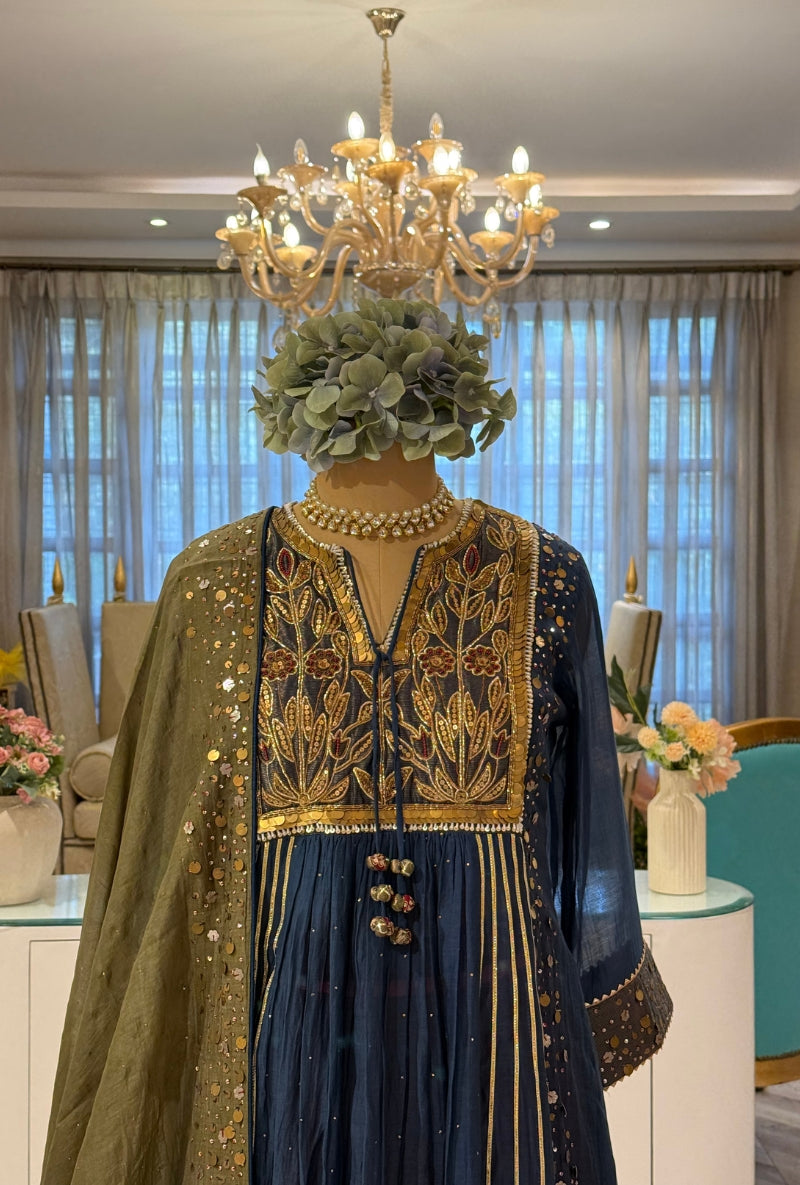 Blue Heavy Hand Embroidered Yoke Front Gather Anarkali Set