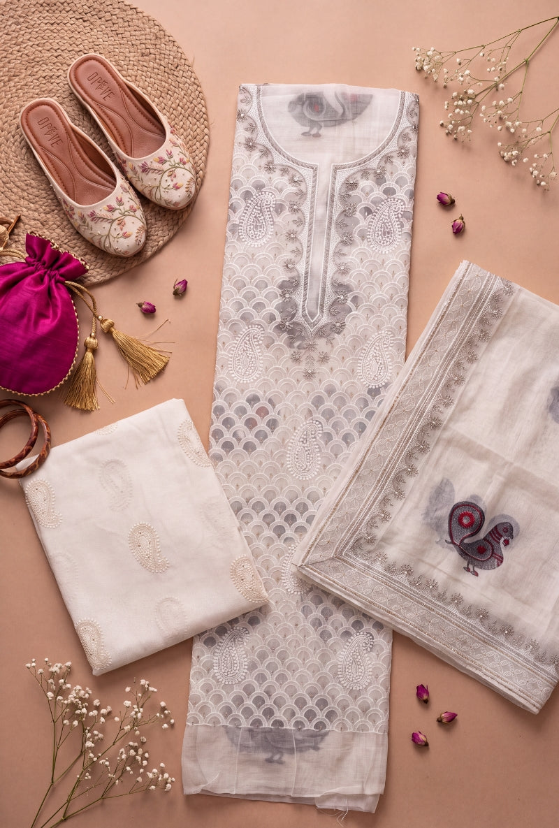All Over Block Print Lucknowi Embroidery Unstitched Suit Set