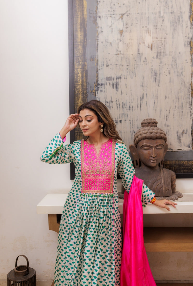 Meghna Nayyar in Ivory Heavy Yoke Block Print Kurta Set