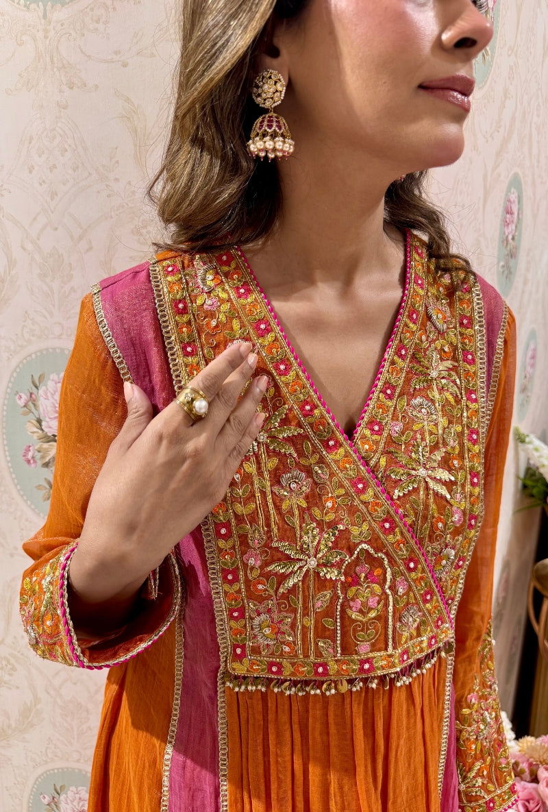 Meghna Nayyar in Rust Embroidered Overlap Yoke Anarakali Set