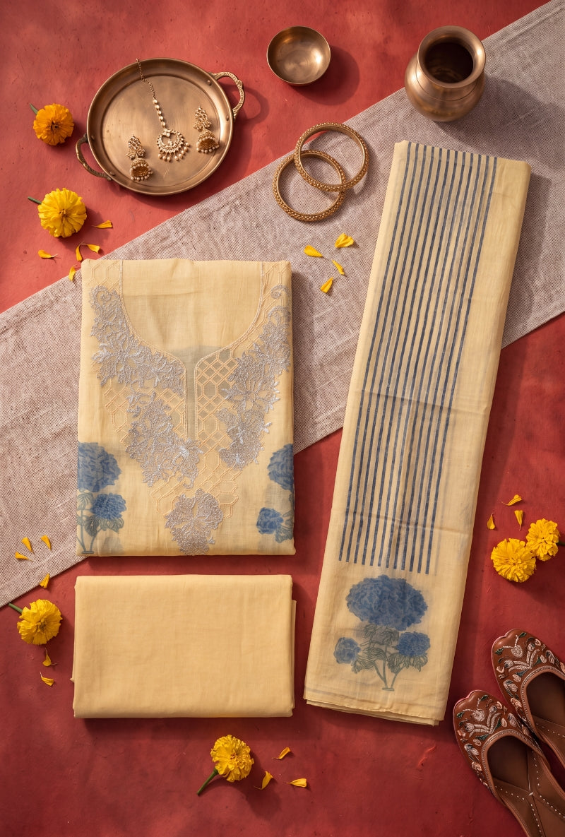 Foil work Yoke Block Print Unstitched Suit Set